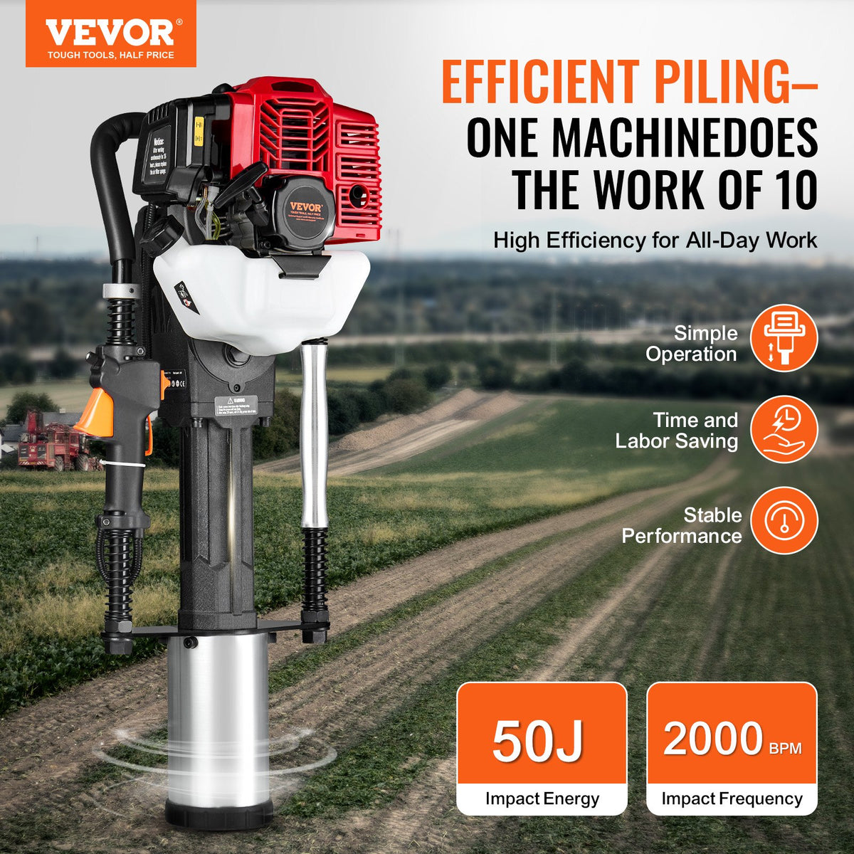 VEVOR Petrol Post Driver 52 cc, 2-Stroke, with 3 Attachments for T-Type and Round Posts