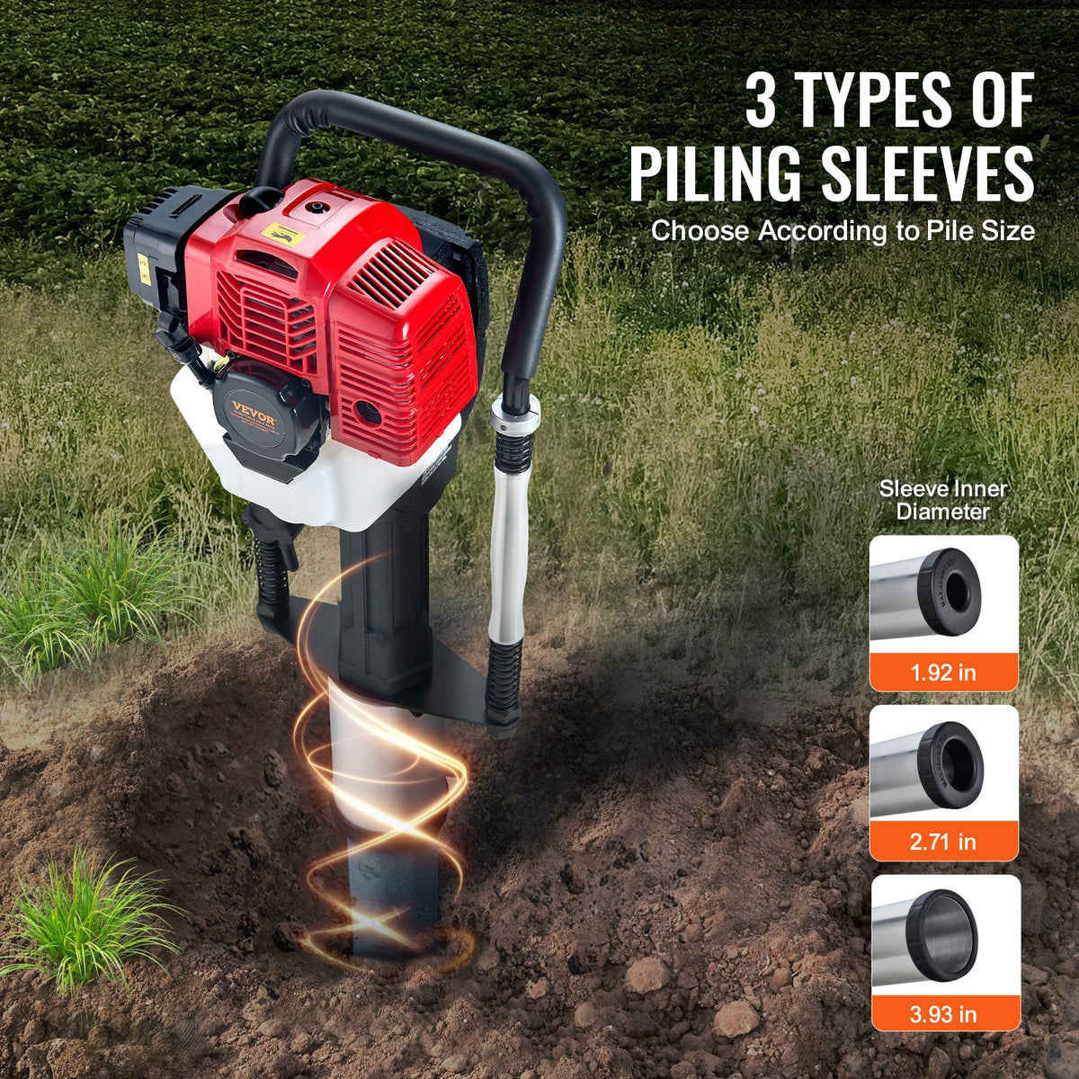 VEVOR Petrol Post Driver 52 cc, 2-Stroke, with 3 Attachments for T-Type and Round Posts