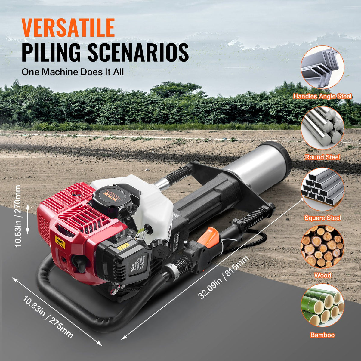 VEVOR Petrol Post Driver 52 cc, 2-Stroke, with 3 Attachments for T-Type and Round Posts