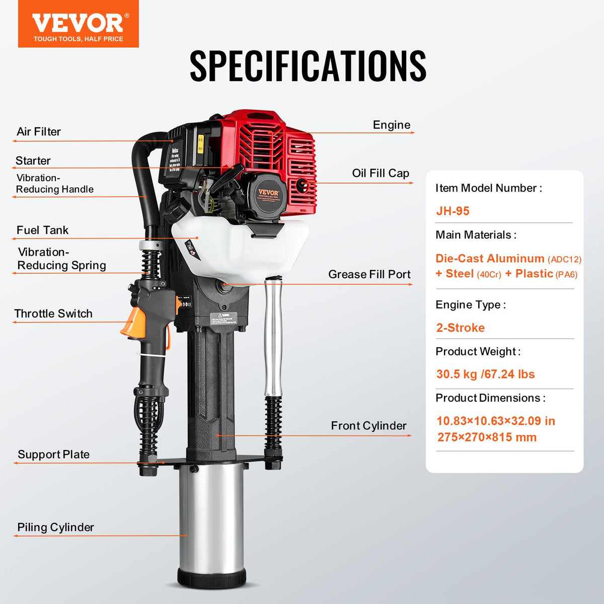 VEVOR Petrol Post Driver 52 cc, 2-Stroke, with 3 Attachments for T-Type and Round Posts