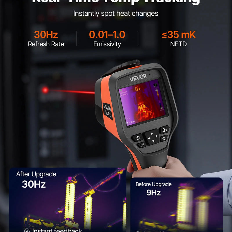 VEVOR termokamera, 384 × 288 IR izšķirtspēja, rokas infrasarkanā attēlveidošanas kamera ar 5 MP vizuālo kameru, 30 Hz atsvaidzes intensitāte, 8,9 cm skārienekrāns, temperatūras diapazons -20 °C līdz 550 °C, WiFi atbalsts