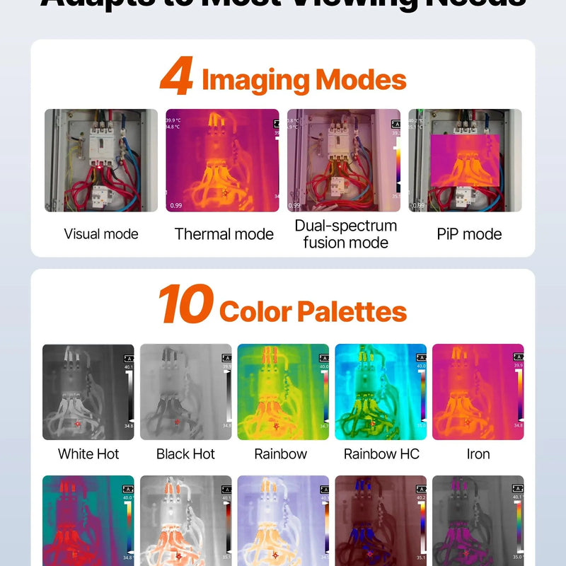 VEVOR termokamera, 384 × 288 IR izšķirtspēja, rokas infrasarkanā attēlveidošanas kamera ar 5 MP vizuālo kameru, 30 Hz atsvaidzes intensitāte, 8,9 cm skārienekrāns, temperatūras diapazons -20 °C līdz 550 °C, WiFi atbalsts