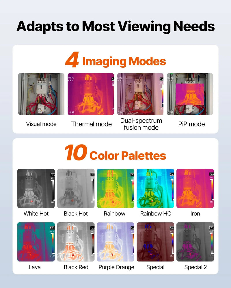 VEVOR termokamera, 384 × 288 IR izšķirtspēja, rokas infrasarkanā attēlveidošanas kamera ar 5 MP vizuālo kameru, 30 Hz atsvaidzes intensitāte, 8,9 cm skārienekrāns, temperatūras diapazons -20 °C līdz 550 °C, WiFi atbalsts