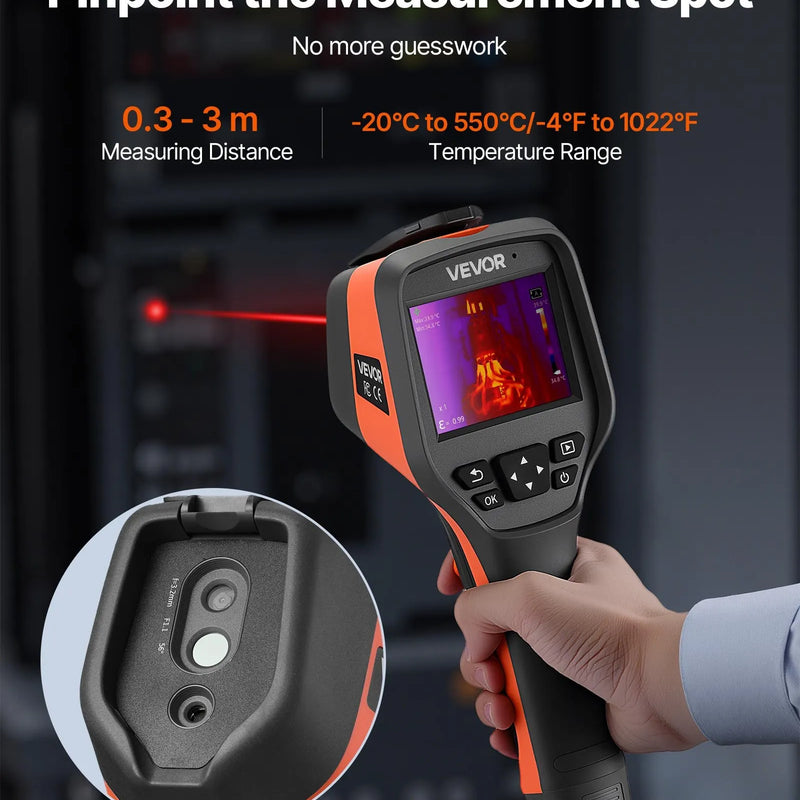 VEVOR termokamera, 256 × 192 IR izšķirtspēja, rokas infrasarkanā attēlveidošanas kamera ar 2 MP vizuālo kameru, 25 Hz atsvaidzes intensitāte, 8,9 cm skārienekrāns, temperatūras diapazons -20 °C līdz 550 °C, WiFi atbalsts
