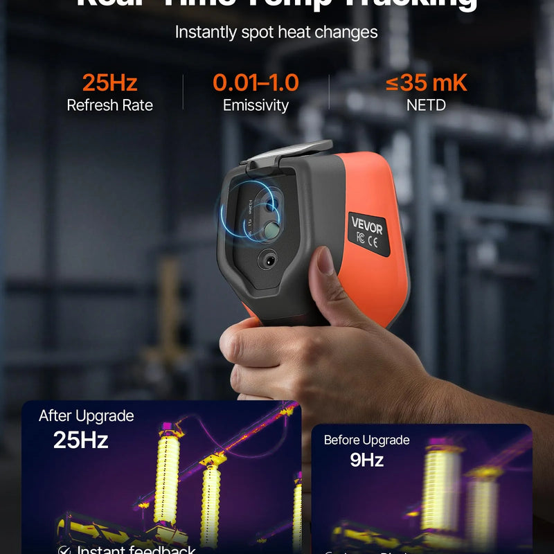 VEVOR termokamera, 256 × 192 IR izšķirtspēja, rokas infrasarkanā attēlveidošanas kamera ar 2 MP vizuālo kameru, 25 Hz atsvaidzes intensitāte, 8,9 cm skārienekrāns, temperatūras diapazons -20 °C līdz 550 °C, WiFi atbalsts