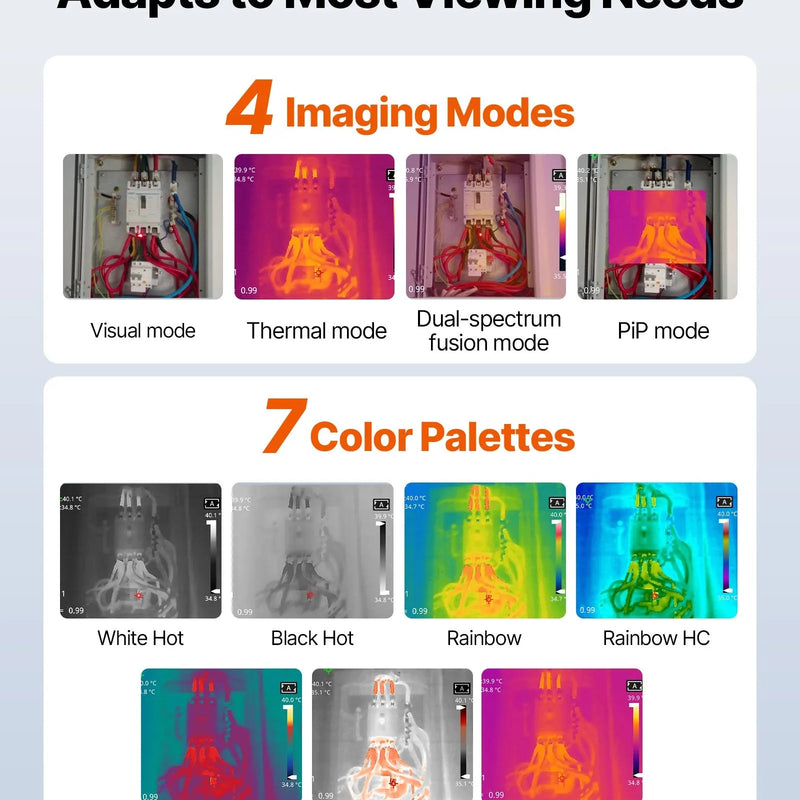 VEVOR termokamera, 256 × 192 IR izšķirtspēja, rokas infrasarkanā attēlveidošanas kamera ar 2 MP vizuālo kameru, 25 Hz atsvaidzes intensitāte, 8,9 cm skārienekrāns, temperatūras diapazons -20 °C līdz 550 °C, WiFi atbalsts