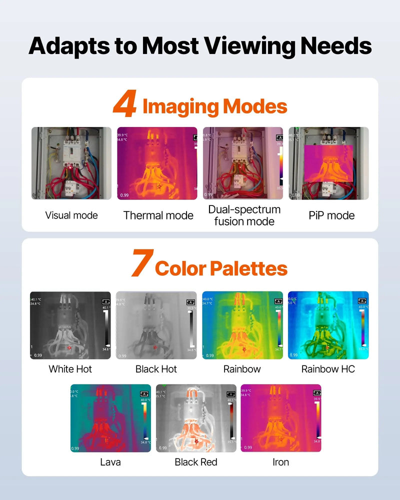 VEVOR termokamera, 256 × 192 IR izšķirtspēja, rokas infrasarkanā attēlveidošanas kamera ar 2 MP vizuālo kameru, 25 Hz atsvaidzes intensitāte, 8,9 cm skārienekrāns, temperatūras diapazons -20 °C līdz 550 °C, WiFi atbalsts