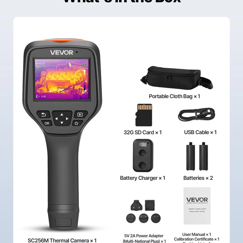 VEVOR termokamera, 256 × 192 IR izšķirtspēja, rokas infrasarkanā attēlveidošanas kamera ar 2 MP vizuālo kameru, 25 Hz atsvaidzes intensitāte, 8,9 cm skārienekrāns, temperatūras diapazons -20 °C līdz 550 °C, WiFi atbalsts