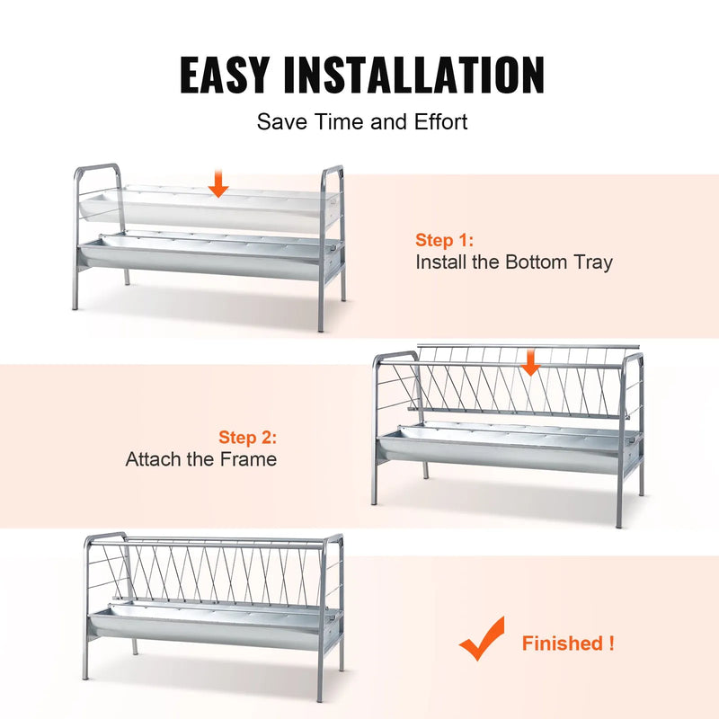 VEVOR 2-in-1 graudu un siena barotava, 303 l ietilpība, 150 cm garums, dziļā barošanas vanna, smagā tērauda barotava kazām un aitā