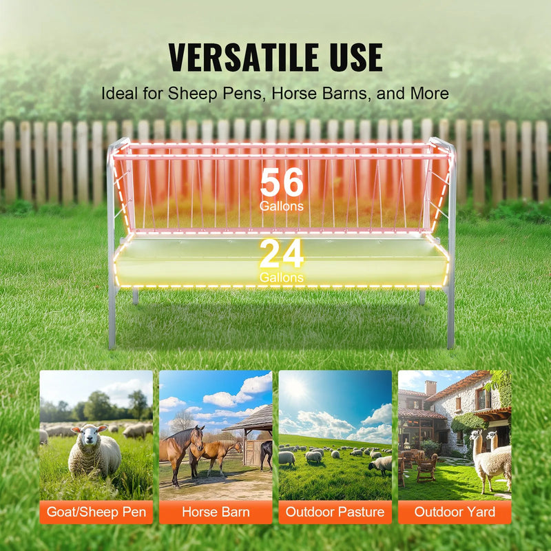 VEVOR 2-in-1 graudu un siena barotava, 303 l ietilpība, 150 cm garums, dziļā barošanas vanna, smagā tērauda barotava kazām un aitā