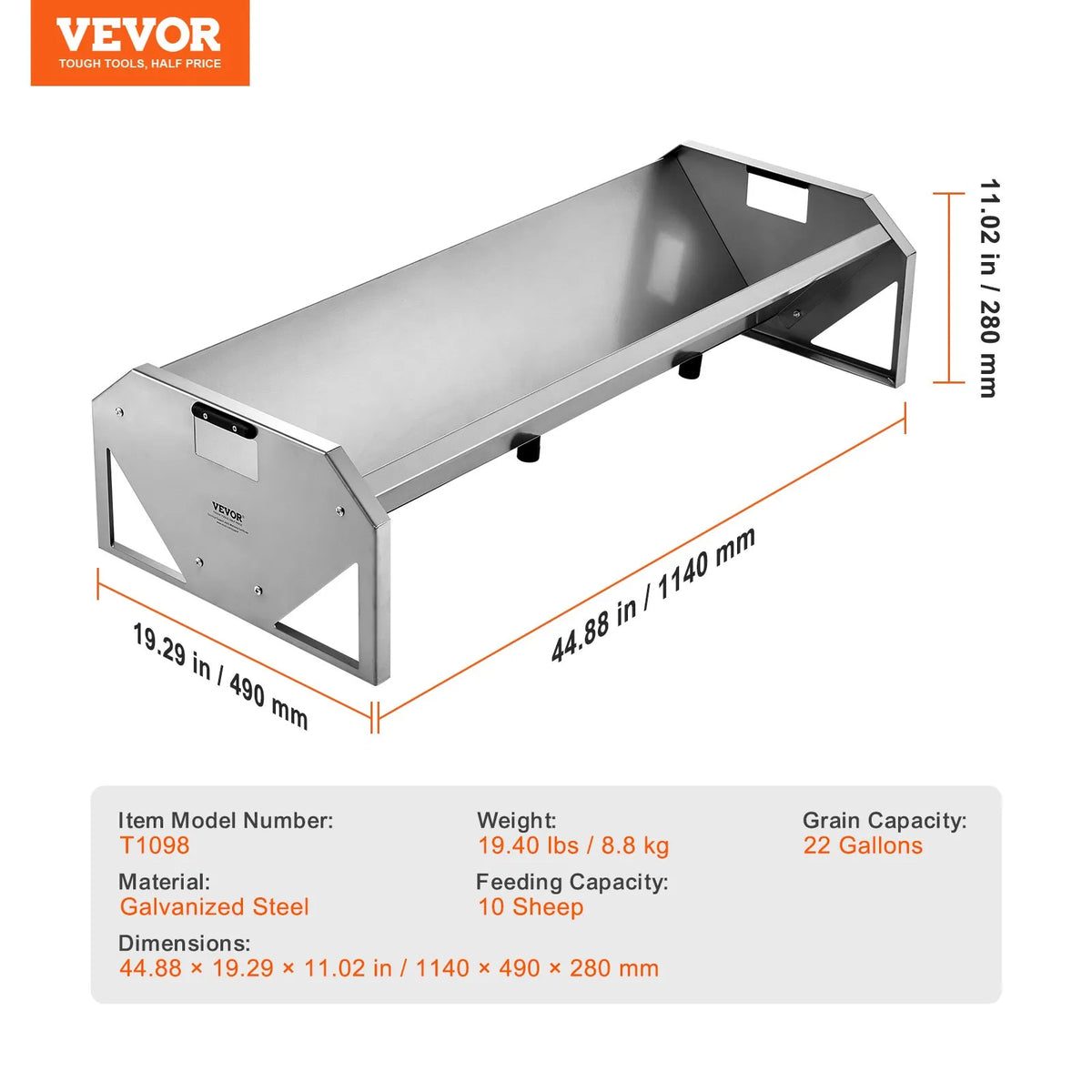 VEVOR Galvanised Livestock Feeding Trough for Goats, Sheep and Pigs, 83 l, 114 cm, up to 10 Animals