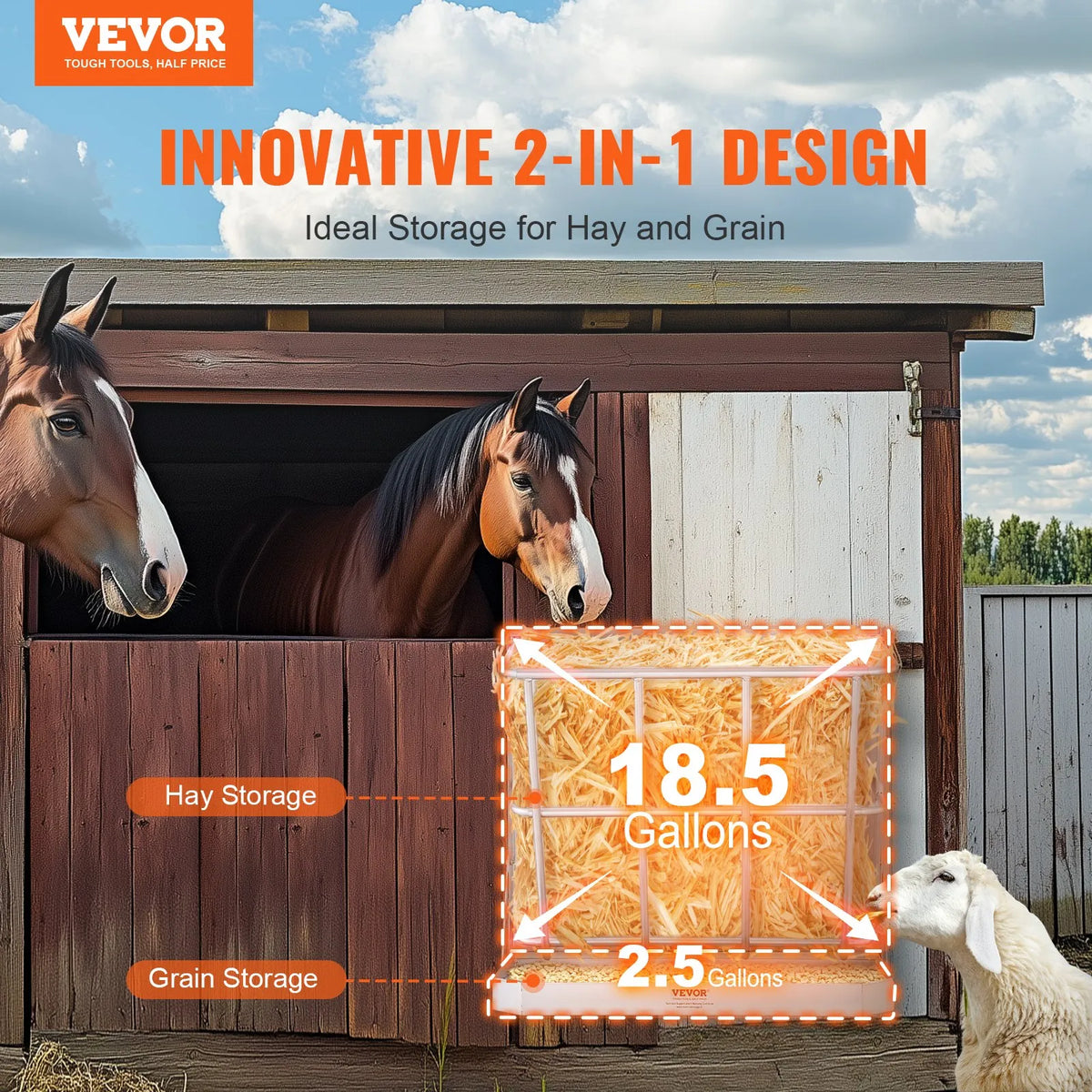 VEVOR Wall 2-in-1 Wall and Grain Feeder for Goats, Sheep and Horses, Steel, 79.5 l