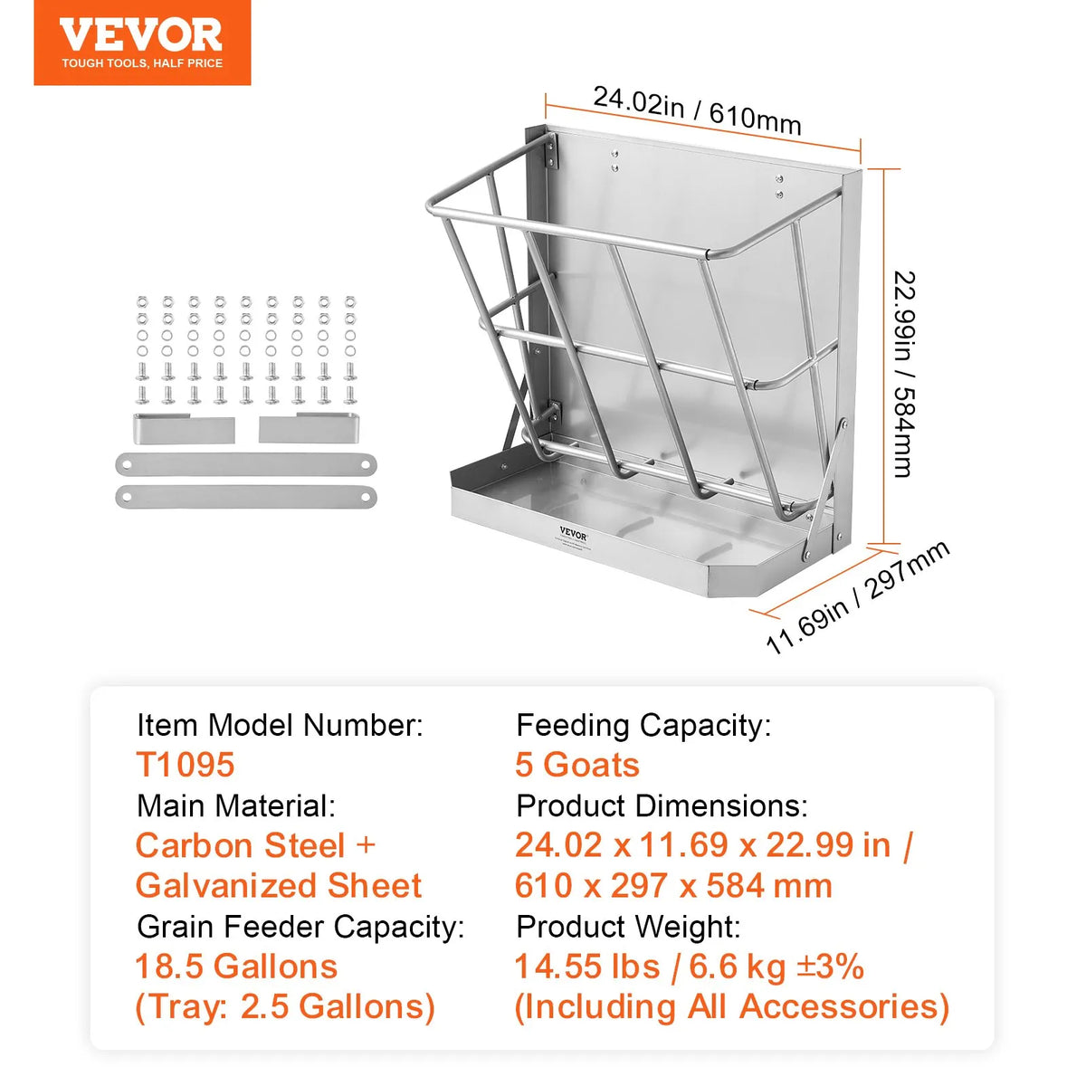 VEVOR Wall 2-in-1 Wall and Grain Feeder for Goats, Sheep and Horses, Steel, 79.5 l
