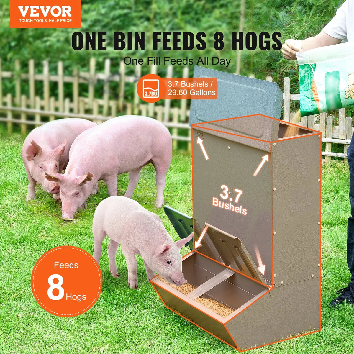 VEVOR Pig Feeder with Double Doors, Steel, 130 l, for up to 8 Pigs