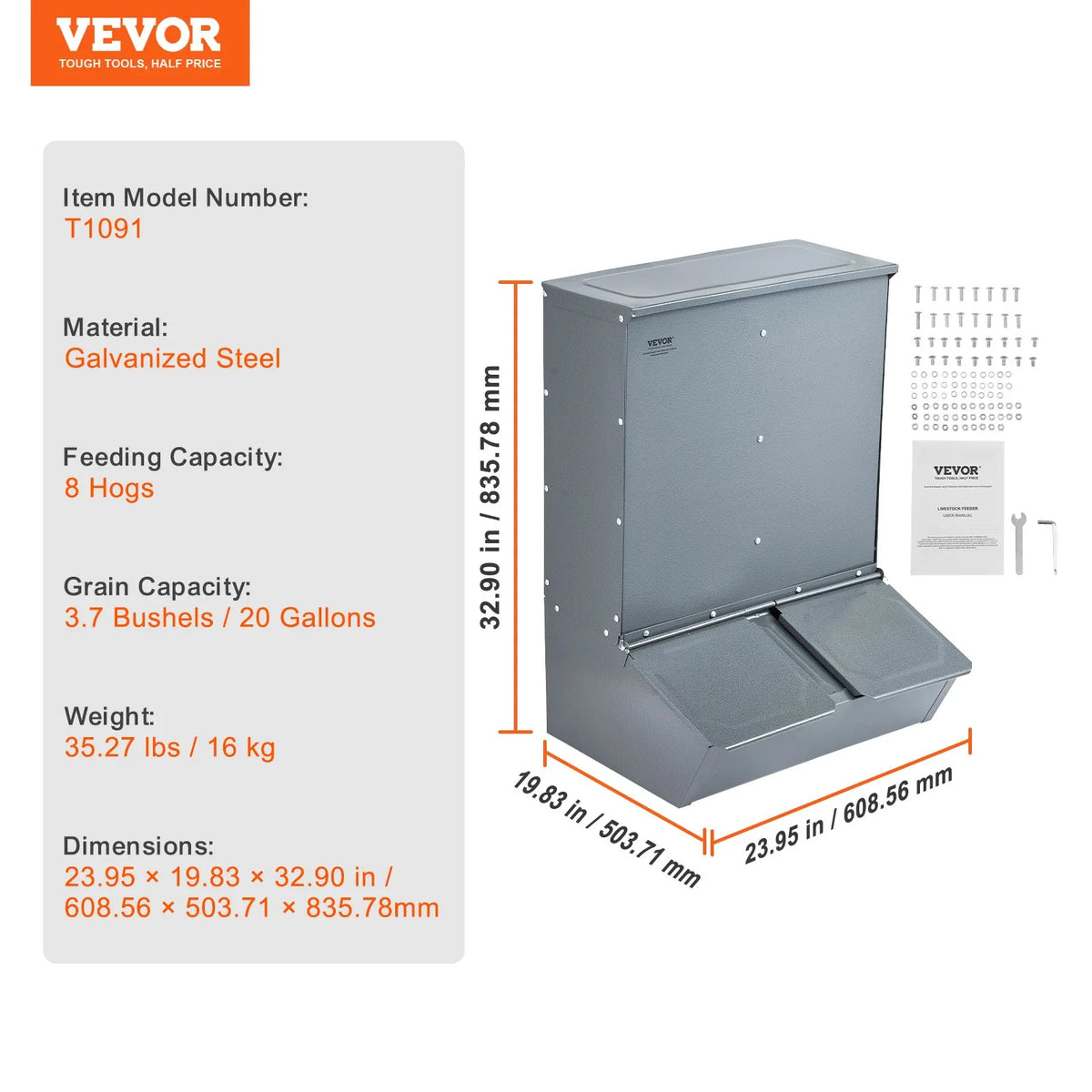 VEVOR Pig Feeder with Double Doors, Steel, 130 l, for up to 8 Pigs