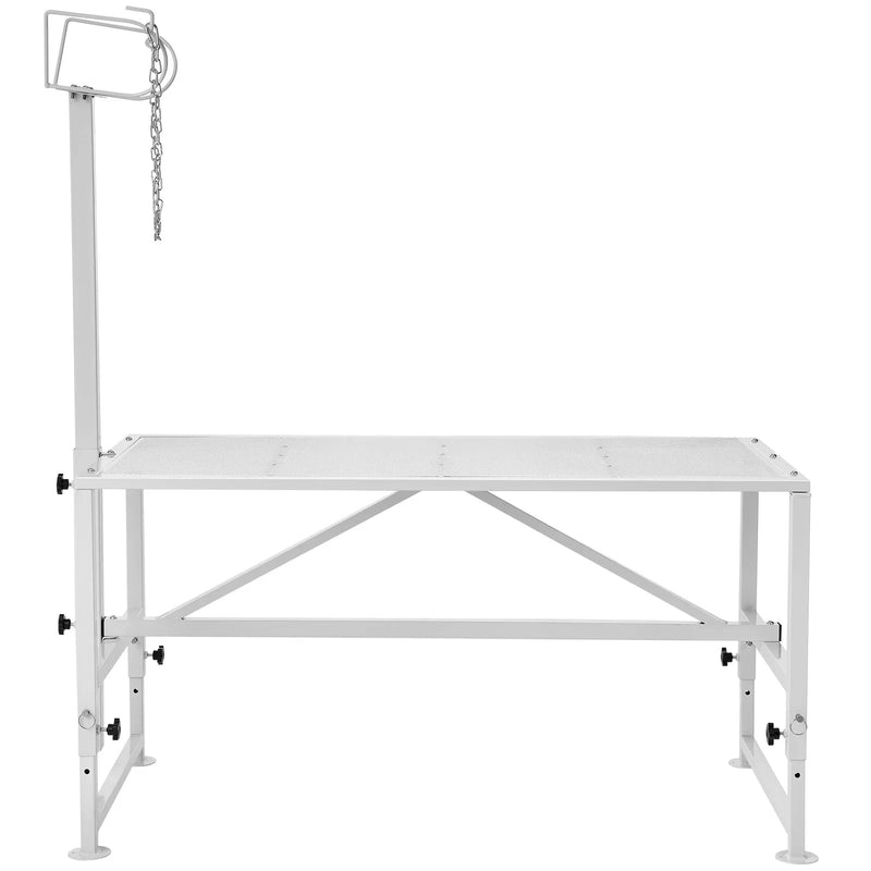 VEVOR kazu un aitu stends 120 × 58 cm, metāla stends slaukšanai un cirpšanai, regulējams augstums 53–84 cm, ar galvas fiksatoru un purna cilpu, nestspēja 226 kg, balts
