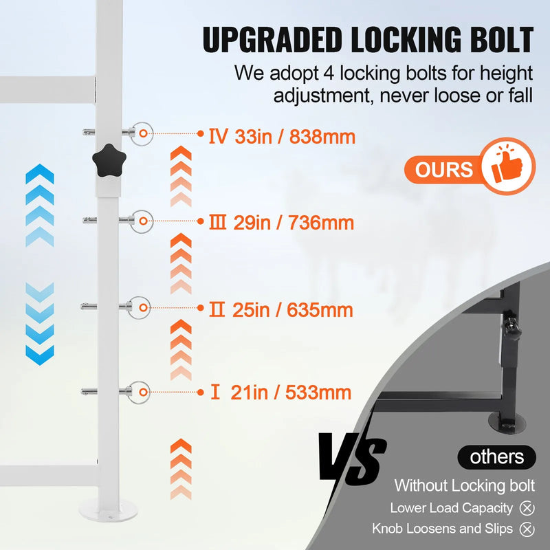 VEVOR kazu un aitu stends 130 × 58 cm, metāla stends slaukšanai un cirpšanai, regulējams augstums 53–84 cm, ar galvas fiksatoru un purna cilpu, nestspēja līdz 226 kg, balts