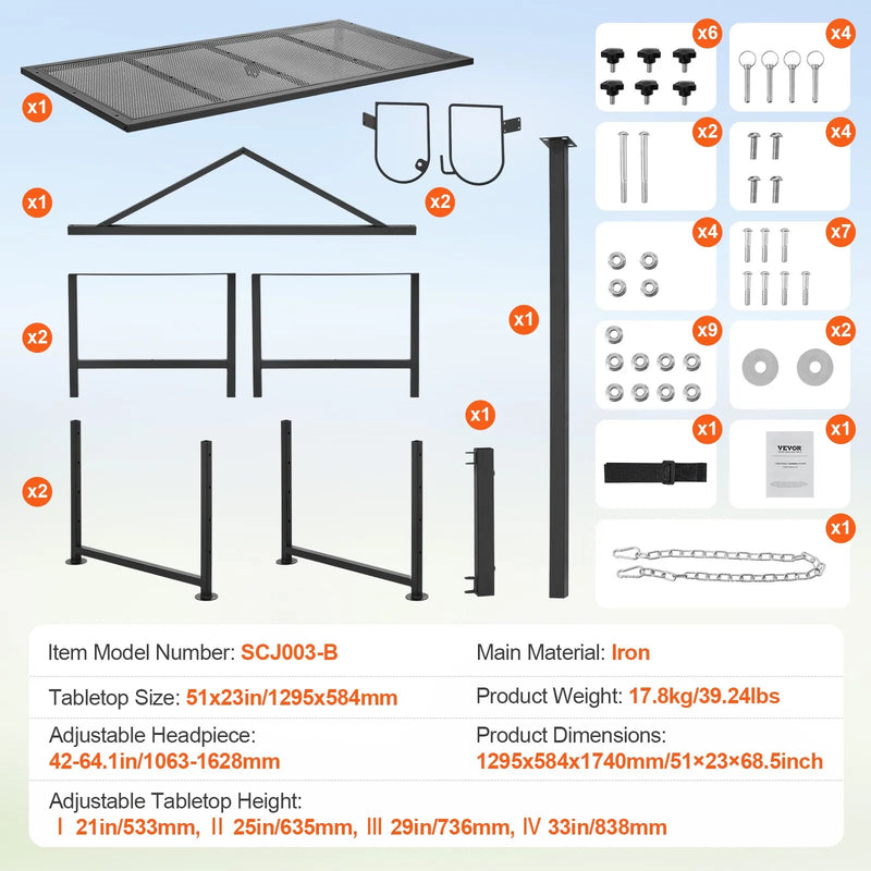 VEVOR kazu un aitu stends, 130 × 58 cm metāla stends slaukšanai un cirpšanai, augstums regulējams 53–84 cm, ar galvas fiksatoru un purna cilpu, 226 kg noslodze, melns