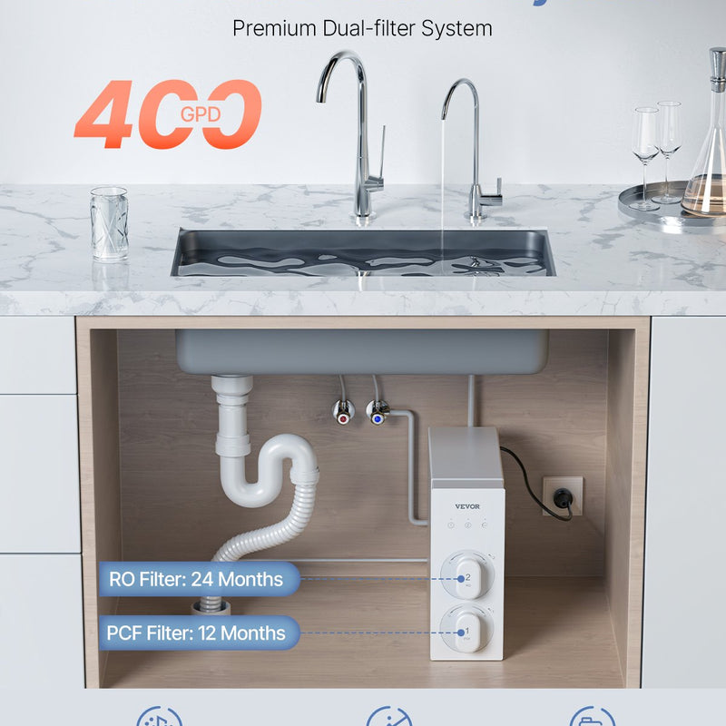VEVOR Reverse Osmosis sistēma 400 GPD 8 posmu ūdens filtrs bez tvertnes zem izlietnes