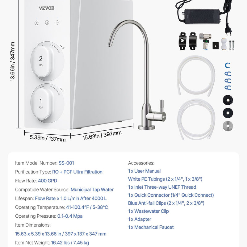 VEVOR Reverse Osmosis sistēma 400 GPD 8 posmu ūdens filtrs bez tvertnes zem izlietnes