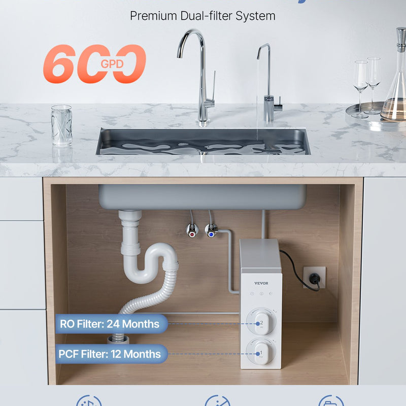 VEVOR реверсивный осмос имеет фильтрующую систему, 600 галлонов в день, 8 бутылок, без обратных клапанов, для очистки от загрязнений
