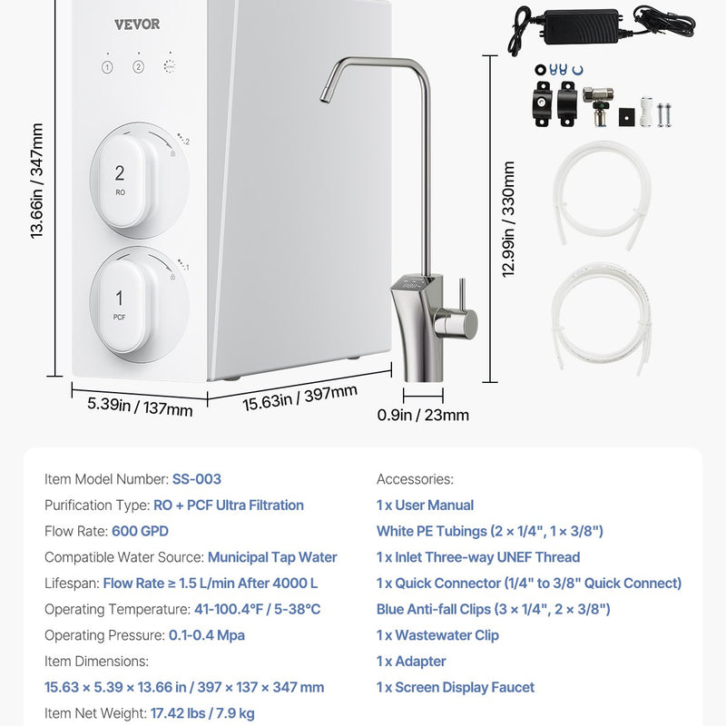VEVOR реверсивный осмос имеет фильтрующую систему, 600 галлонов в день, 8 бутылок, без обратных клапанов, для очистки от загрязнений