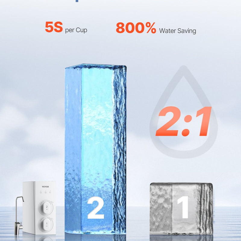 VEVOR apgriezta osmozes sistēma 800 GPD, 8 posmu bez tvertnes zem izlietnes ūdens filtrs