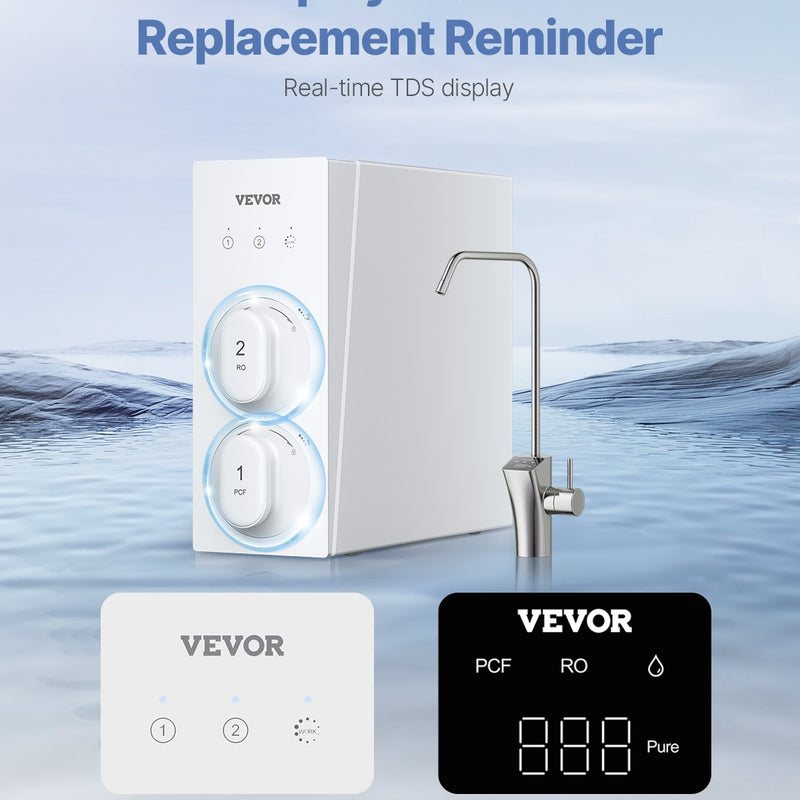 VEVOR apgriezta osmozes sistēma 800 GPD, 8 posmu bez tvertnes zem izlietnes ūdens filtrs