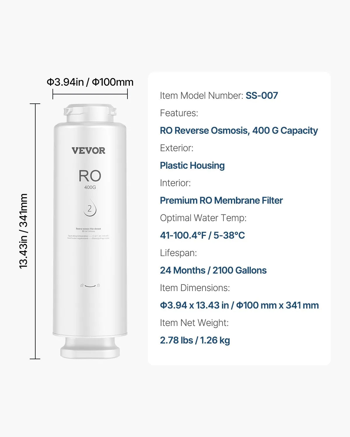 VEVOR reversās osmozes filtra kasetne 400 GPD, 9 pakāpju nomaiņas komplekts līdz 24 mēnešiem, SS-002