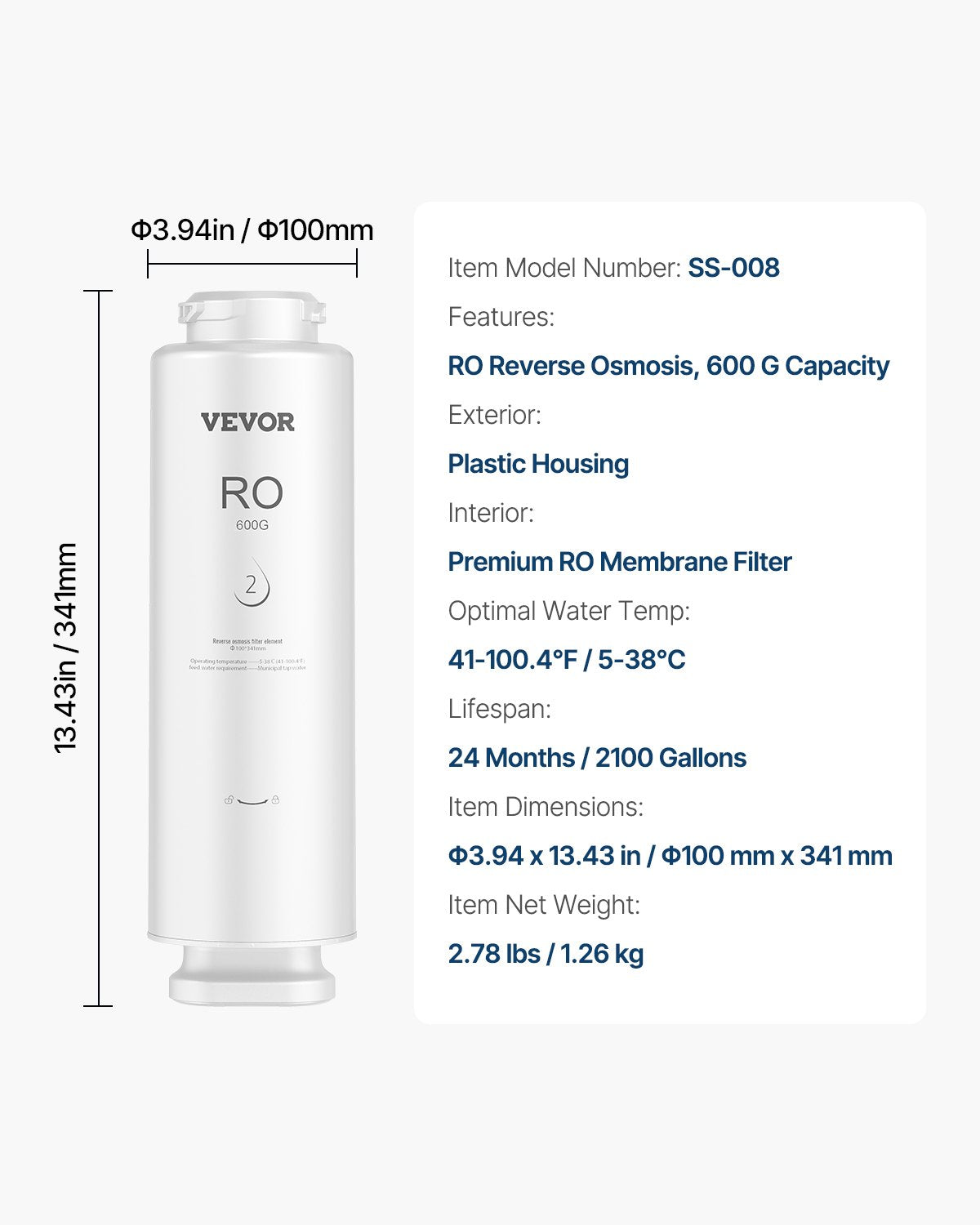 VEVOR Reverse Osmosis Replacement Filter SS-004 for Under Sink Water Filter