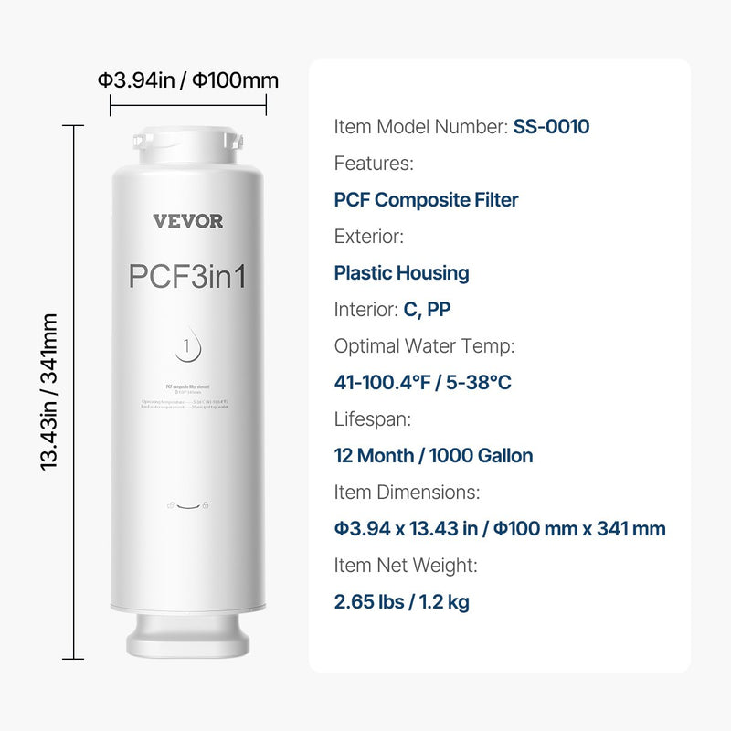 VEVOR PCF kompozītmateriāla filtrs – piemērots SS-001/003/005 izlietnes ūdens filtru modeļiem