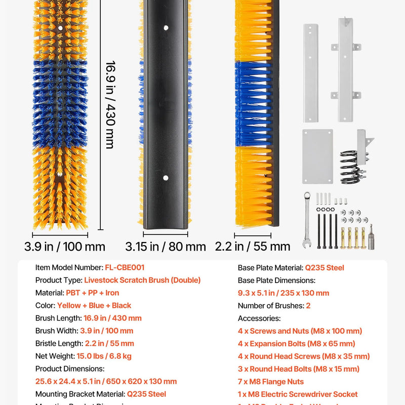 VEVOR divpusēja mājlopu kasīšanās birste 430 × 100 mm, kazu, govju, zirgu, aitu un cūku kasīšanās birste ar montāžas kronšteinu, muguras niezes mazināšanai, masāžai un kopšanai
