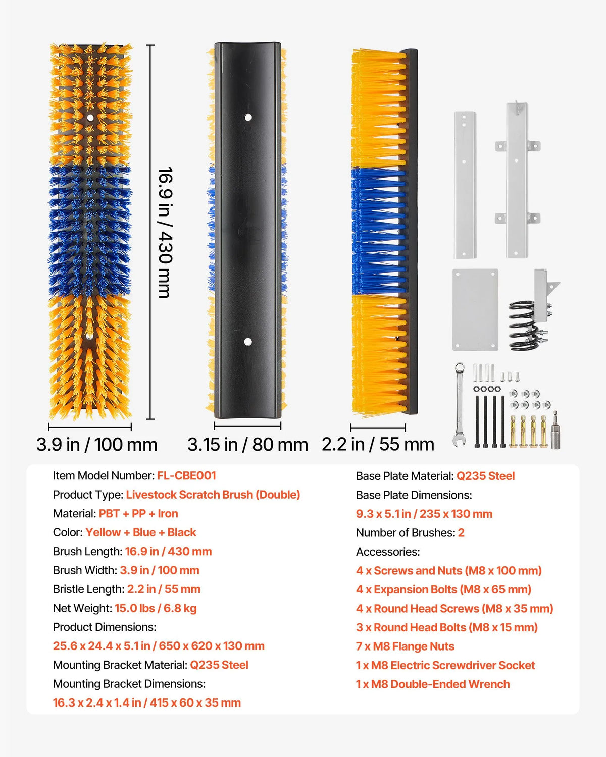 VEVOR Dual-Sided Grooming Brush for Livestock with Mounting Bracket, 43 × 10 cm