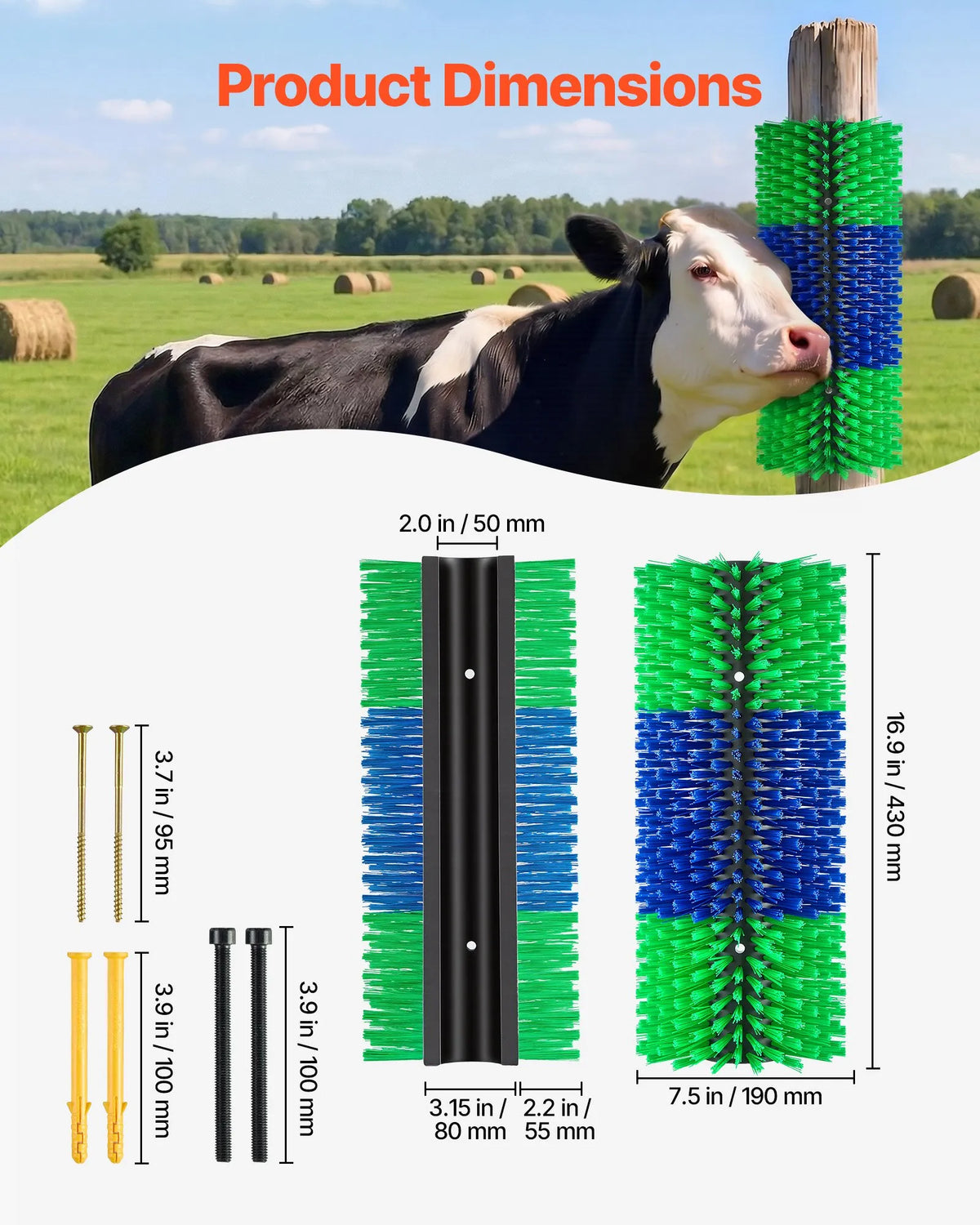 VEVOR щётка-чесалка для скота с 4 винтами, 43 × 19 см, зелёная и синяя
