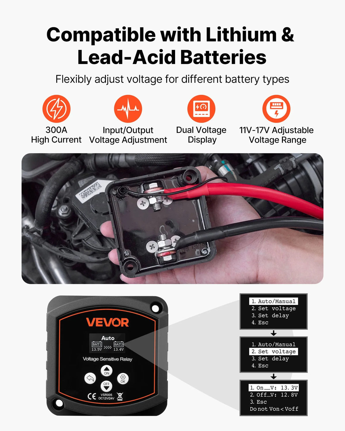 VEVOR Dual Battery Isolator 12 V, 300 A, Manual and Automatic VSR Voltage Sensitive Relay with LCD Display, Suitable for Lithium and Lead-Acid Batteries for Cars, Trucks, Campers, UTV, ATV and Boats