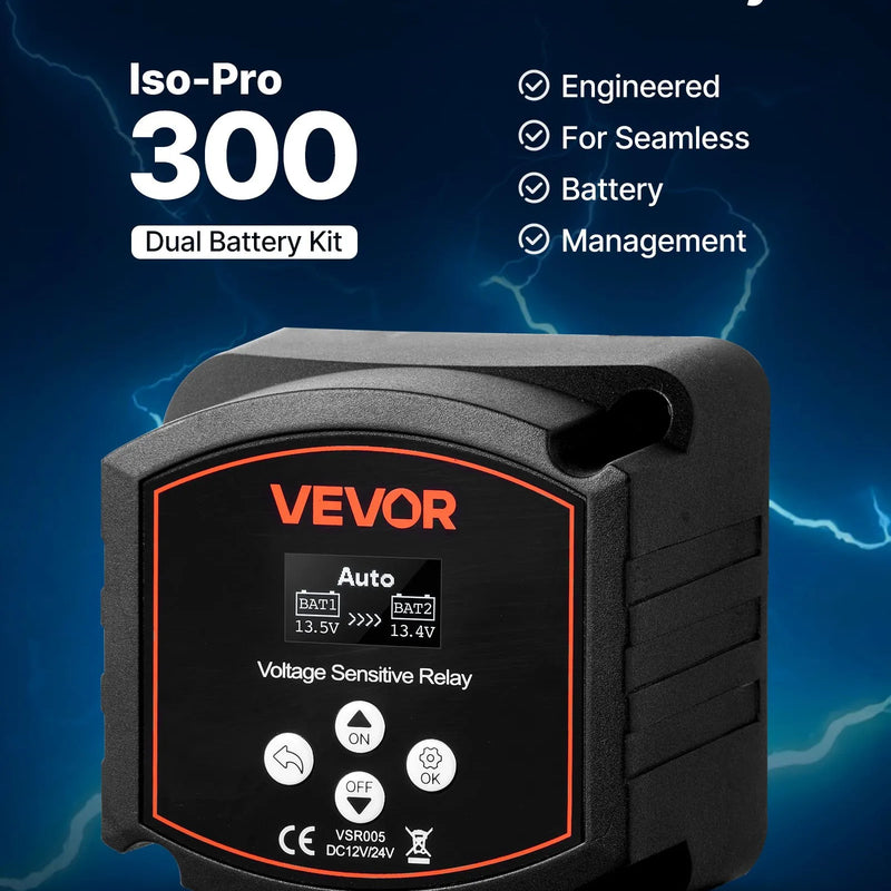 VEVOR divu akumulatoru izolators 12 V, 300 A, manuāls un automātisks VSR spriegumjutīgs relejs ar LCD displeju, piemērots litija un svina-skābes akumulatoriem automašīnām, kravas auto, kemperiem, UTV, ATV un laivām