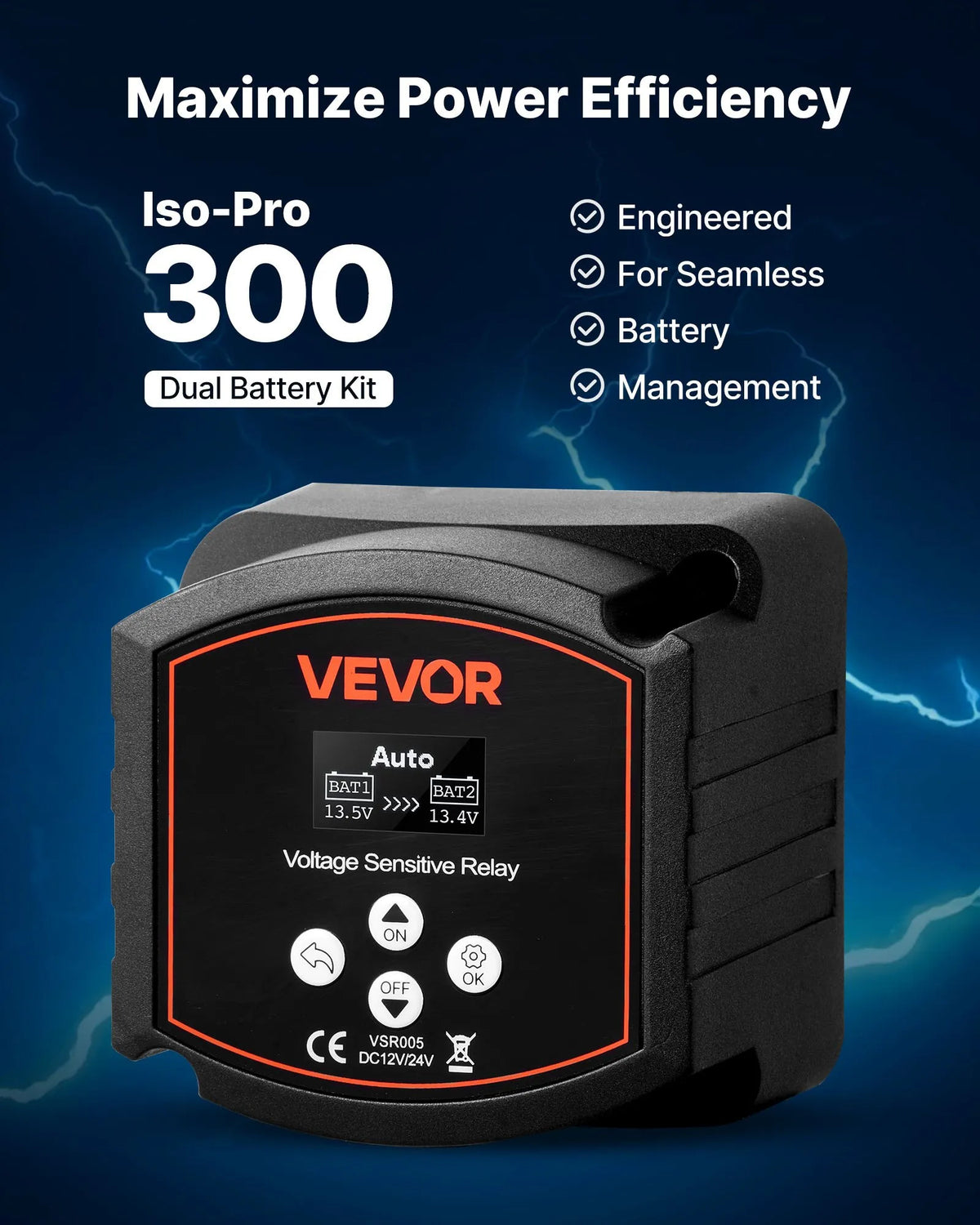 VEVOR Dual Battery Isolator 12 V, 300 A, Manual and Automatic VSR Voltage Sensitive Relay with LCD Display, Suitable for Lithium and Lead-Acid Batteries for Cars, Trucks, Campers, UTV, ATV and Boats
