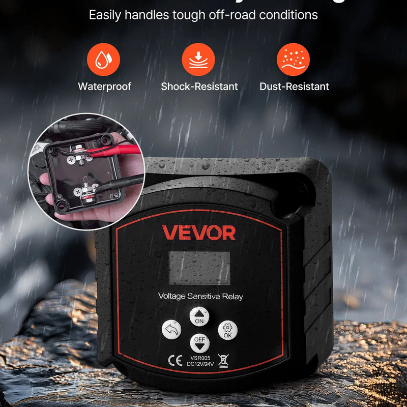 VEVOR divu akumulatoru izolators 12 V, 300 A, manuāls un automātisks VSR spriegumjutīgs relejs ar LCD displeju, piemērots litija un svina-skābes akumulatoriem automašīnām, kravas auto, kemperiem, UTV, ATV un laivām