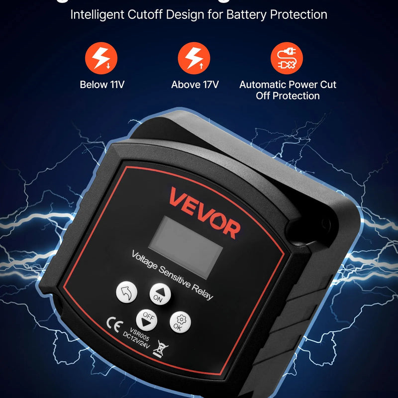 VEVOR divu akumulatoru izolators 12 V, 300 A, manuāls un automātisks VSR spriegumjutīgs relejs ar LCD displeju, piemērots litija un svina-skābes akumulatoriem automašīnām, kravas auto, kemperiem, UTV, ATV un laivām
