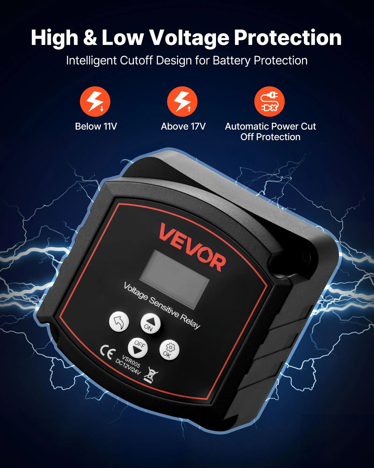VEVOR Dual Battery Isolator 12 V, 300 A, Manual and Automatic VSR Voltage Sensitive Relay with LCD Display, Suitable for Lithium and Lead-Acid Batteries for Cars, Trucks, Campers, UTV, ATV and Boats
