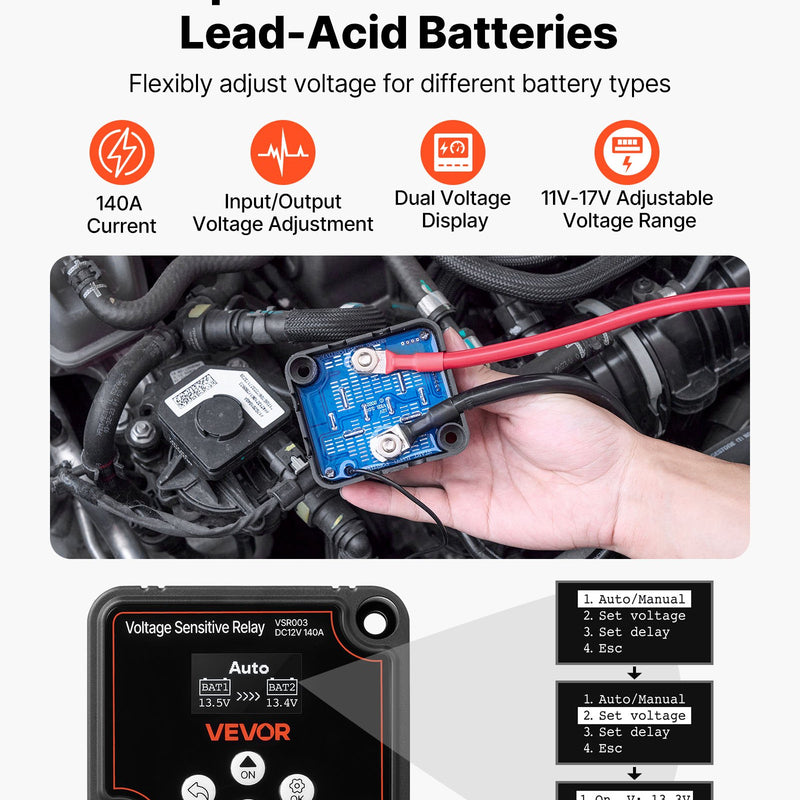 VEVOR dubultā akumulatora izolators 12 V 140 A, manuāls un automātisks VSR spriegumjutīgs relejs ar LCD displeju, piemērots litija un svina-skābes akumulatoriem automašīnām, kravas auto, kemperiem, UTV, ATV un laivām