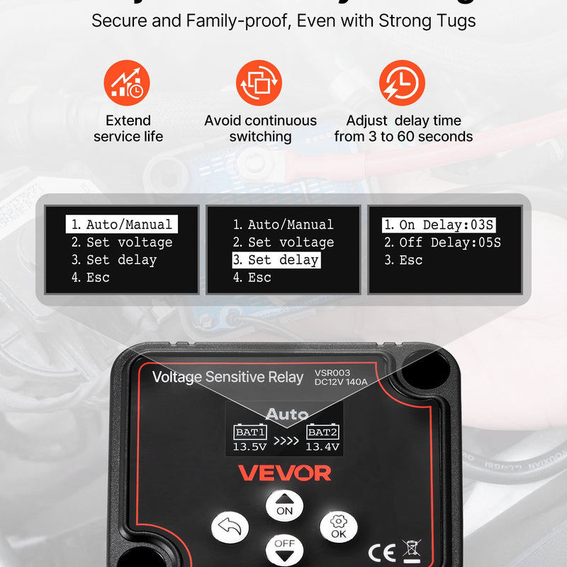 VEVOR dubultā akumulatora izolators 12 V 140 A, manuāls un automātisks VSR spriegumjutīgs relejs ar LCD displeju, piemērots litija un svina-skābes akumulatoriem automašīnām, kravas auto, kemperiem, UTV, ATV un laivām