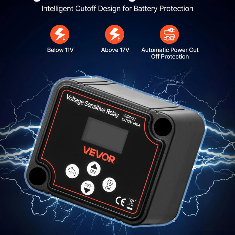 VEVOR dubultā akumulatora izolators 12 V 140 A, manuāls un automātisks VSR spriegumjutīgs relejs ar LCD displeju, piemērots litija un svina-skābes akumulatoriem automašīnām, kravas auto, kemperiem, UTV, ATV un laivām