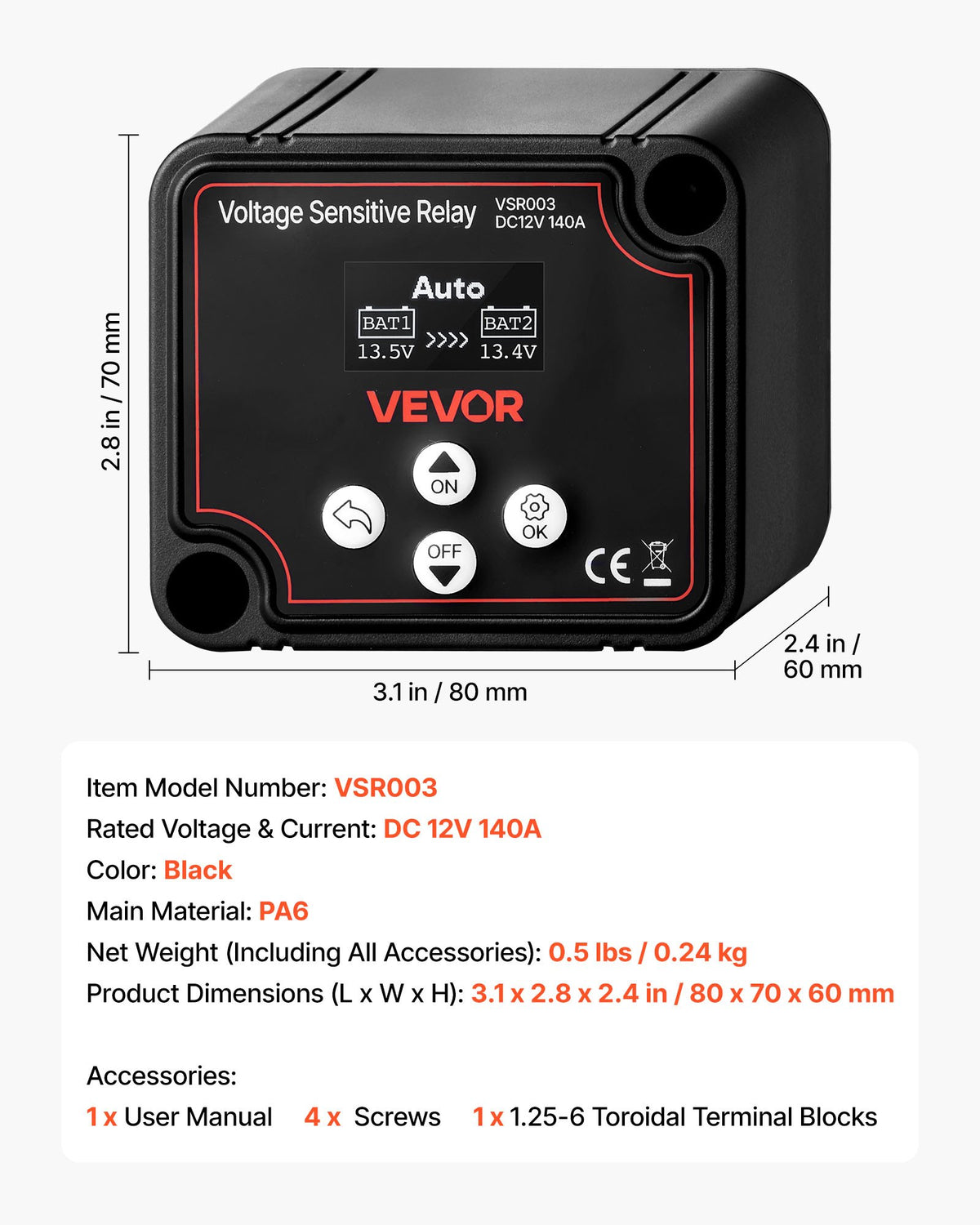 VEVOR dubultā akumulatora izolators 12 V 140 A, manuāls un automātisks VSR spriegumjutīgs relejs ar LCD displeju, piemērots litija un svina-skābes akumulatoriem automašīnām, kravas auto, kemperiem, UTV, ATV un laivām