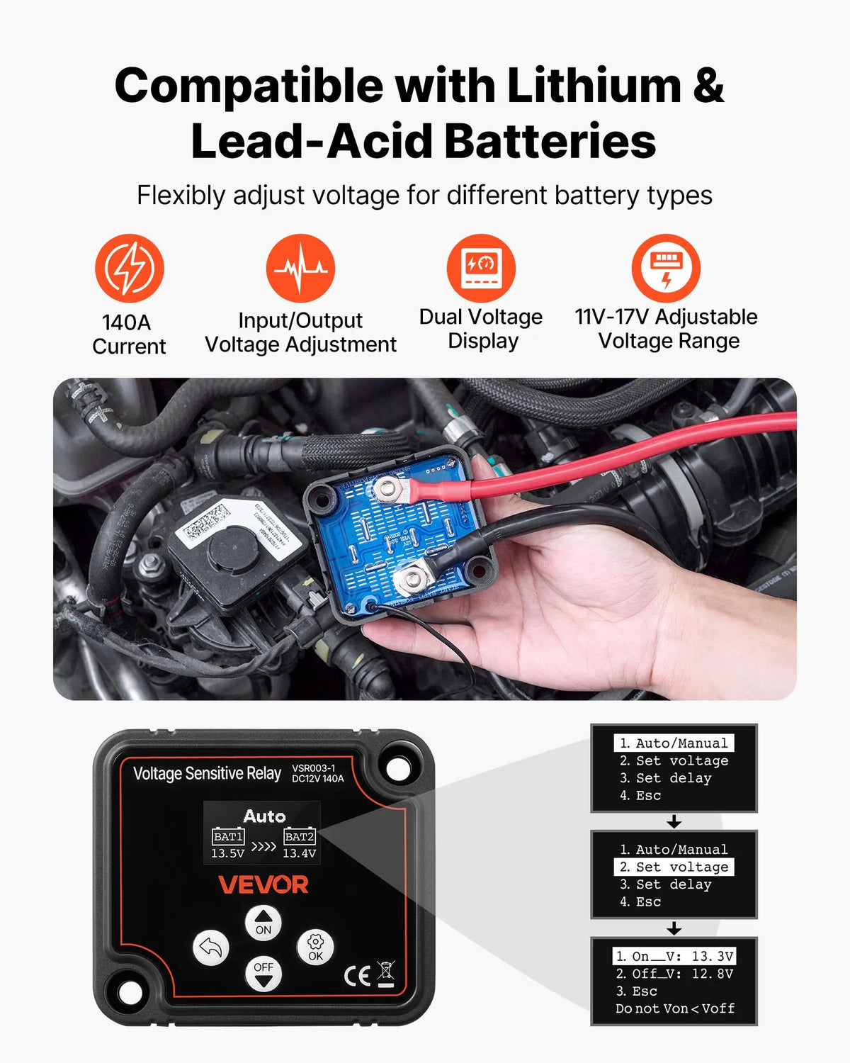 VEVOR Dual Battery Isolator Kit 12V 140A Voltage Sensitive VSR Relay with Manual and Automatic Mode Voltmeter and LCD Display Suitable for Lead-Acid Batteries UTV and ATV Vehicles
