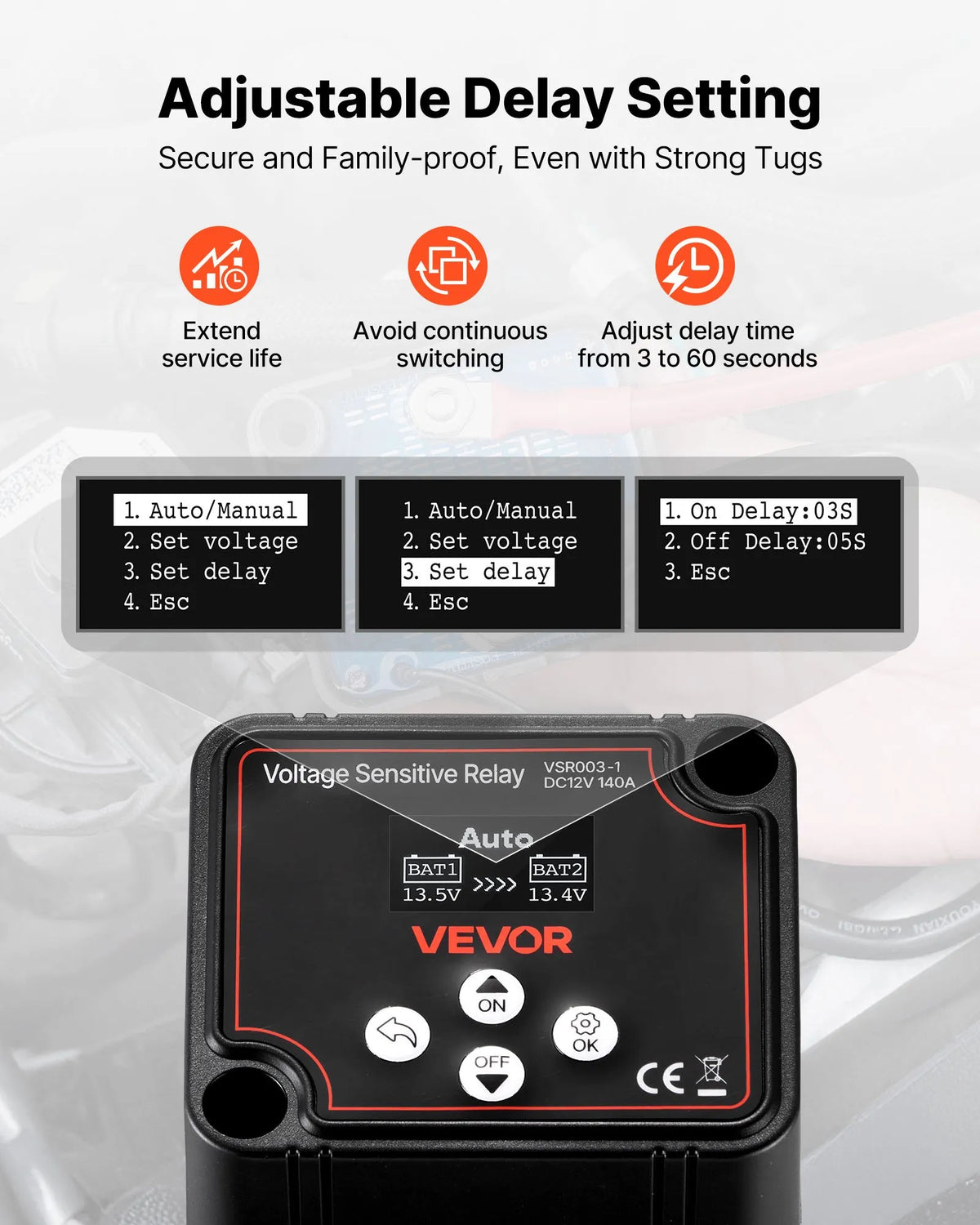 VEVOR Dual Battery Isolator Kit 12V 140A Voltage Sensitive VSR Relay with Manual and Automatic Mode Voltmeter and LCD Display Suitable for Lead-Acid Batteries UTV and ATV Vehicles