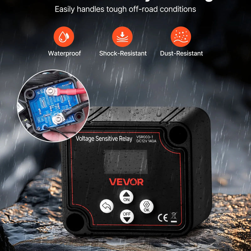 VEVOR divu akumulatoru izolatora komplekts 12 V, 140 A, spriegumjutīgs VSR relejs ar manuālo un automātisko režīmu, voltmetru un LCD displeju, piemērots svina-skābes akumulatoriem UTV un ATV transportlīdzekļiem
