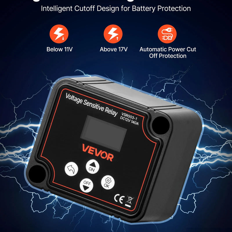 VEVOR divu akumulatoru izolatora komplekts 12 V, 140 A, spriegumjutīgs VSR relejs ar manuālo un automātisko režīmu, voltmetru un LCD displeju, piemērots svina-skābes akumulatoriem UTV un ATV transportlīdzekļiem