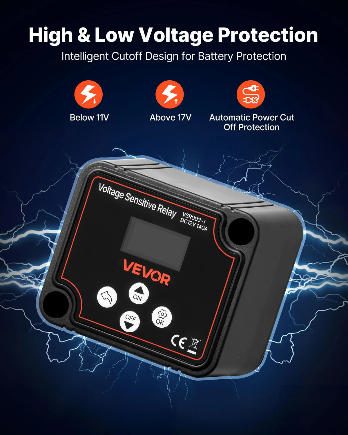 VEVOR Dual Battery Isolator Kit 12V 140A Voltage Sensitive VSR Relay with Manual and Automatic Mode Voltmeter and LCD Display Suitable for Lead-Acid Batteries UTV and ATV Vehicles