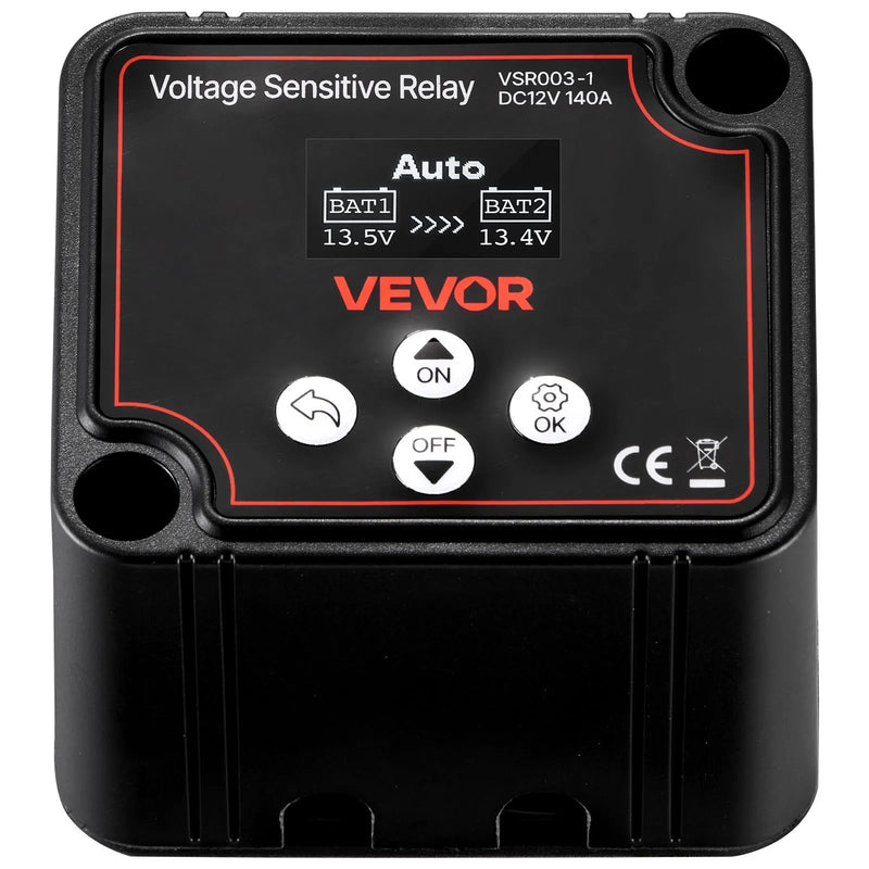 VEVOR divu akumulatoru izolatora komplekts 12 V, 140 A, spriegumjutīgs VSR relejs ar manuālo un automātisko režīmu, voltmetru un LCD displeju, piemērots svina-skābes akumulatoriem UTV un ATV transportlīdzekļiem